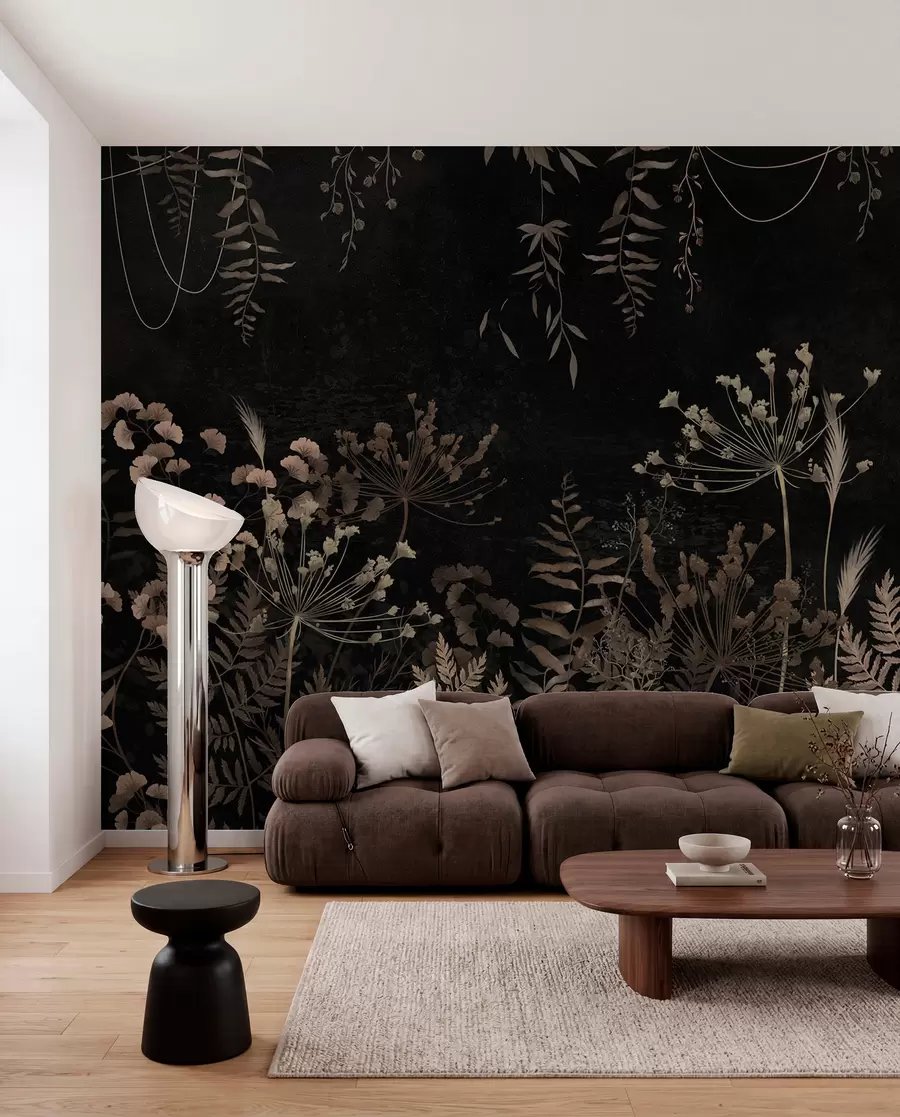 wall murals Тамни ботанички узорак са цвећем и лишћем w05092