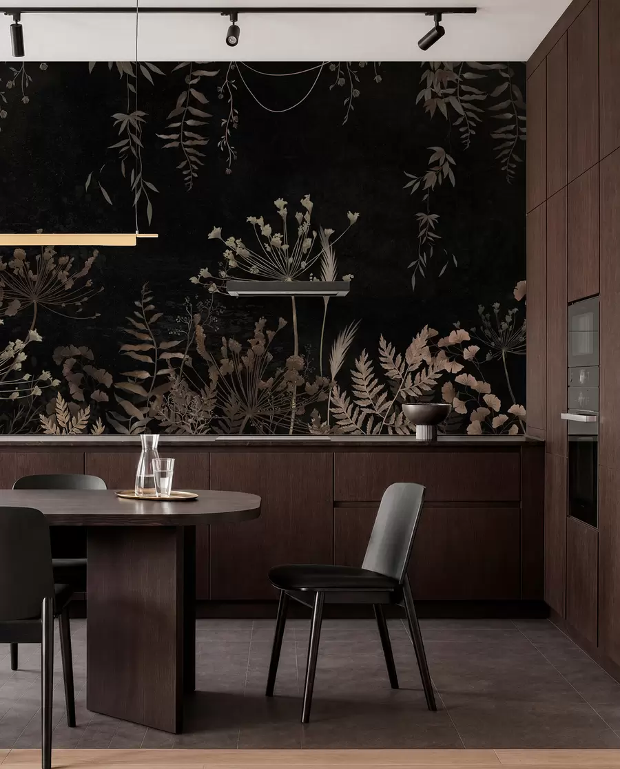 wall murals Тамни ботанички узорак са цвећем и лишћем w05092