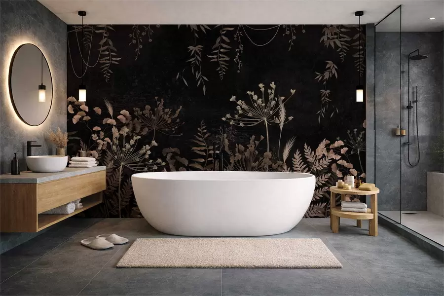 wall murals Тамни ботанички узорак са цвећем и лишћем w05092