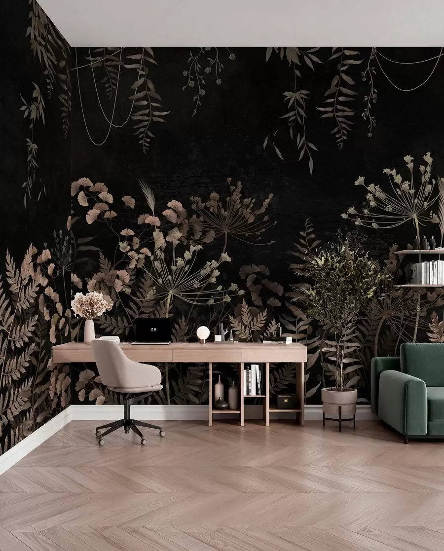 wall murals Тамни ботанички узорак са цвећем и лишћем w05092