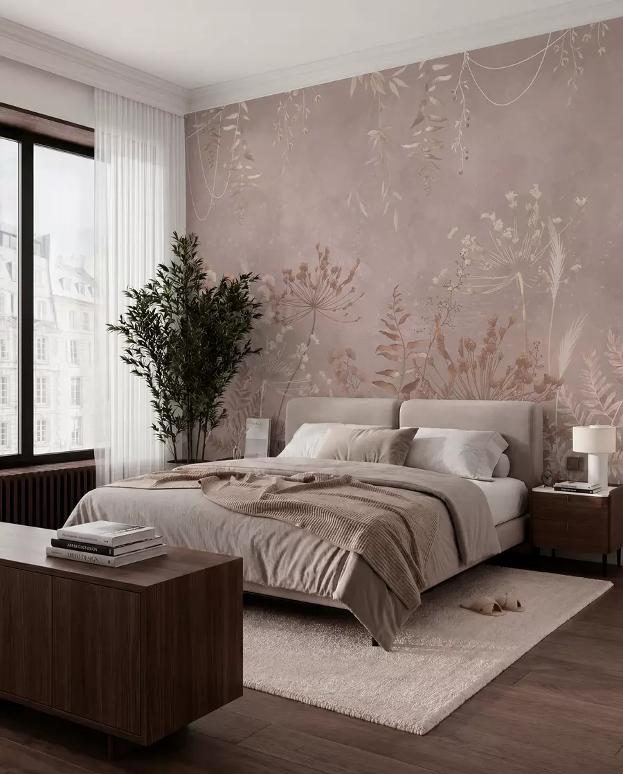 wall murals Меки беж ботанички узорак са дивљим цвећем w05092v2