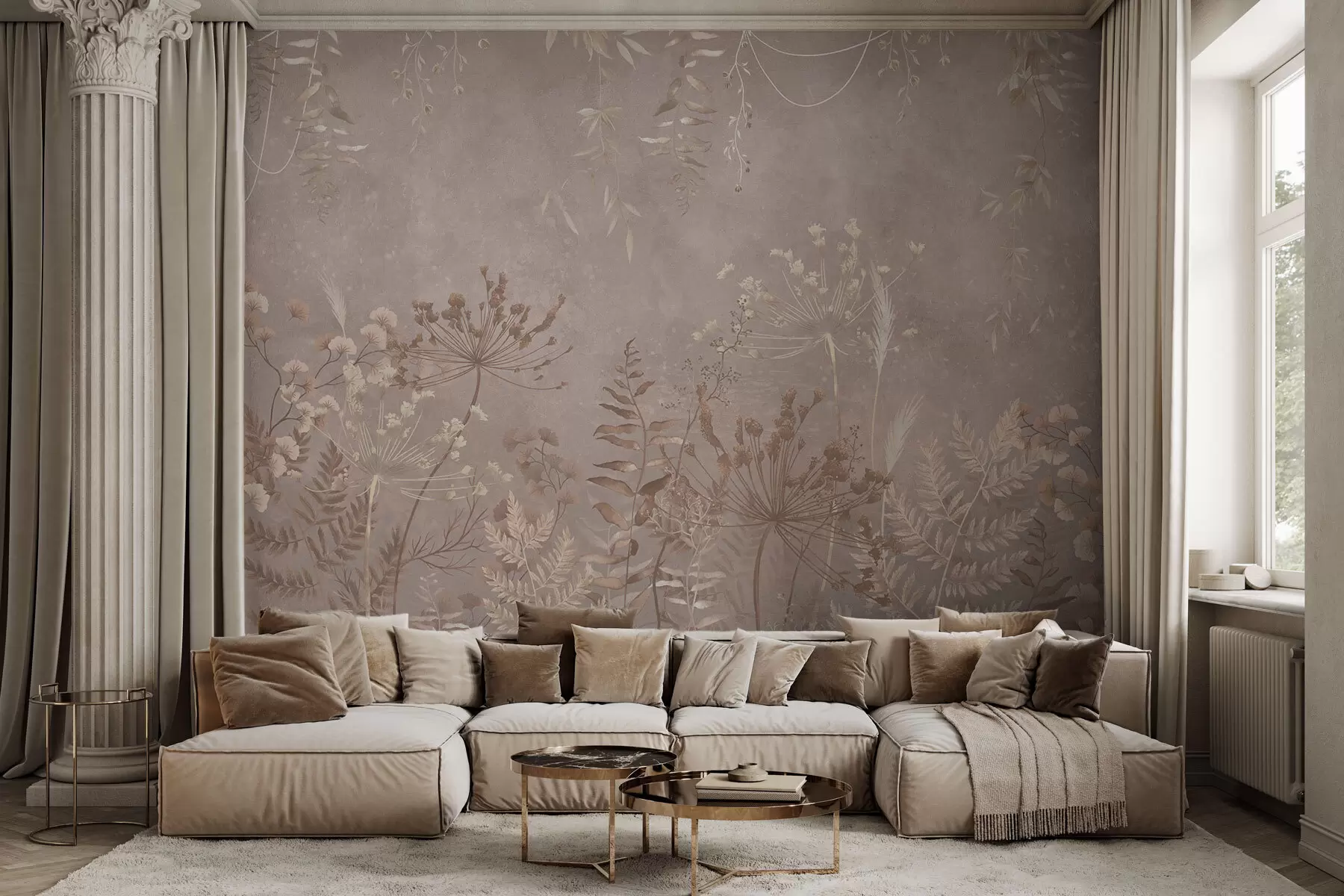 wall murals Меки беж ботанички узорак са дивљим цвећем w05092v2