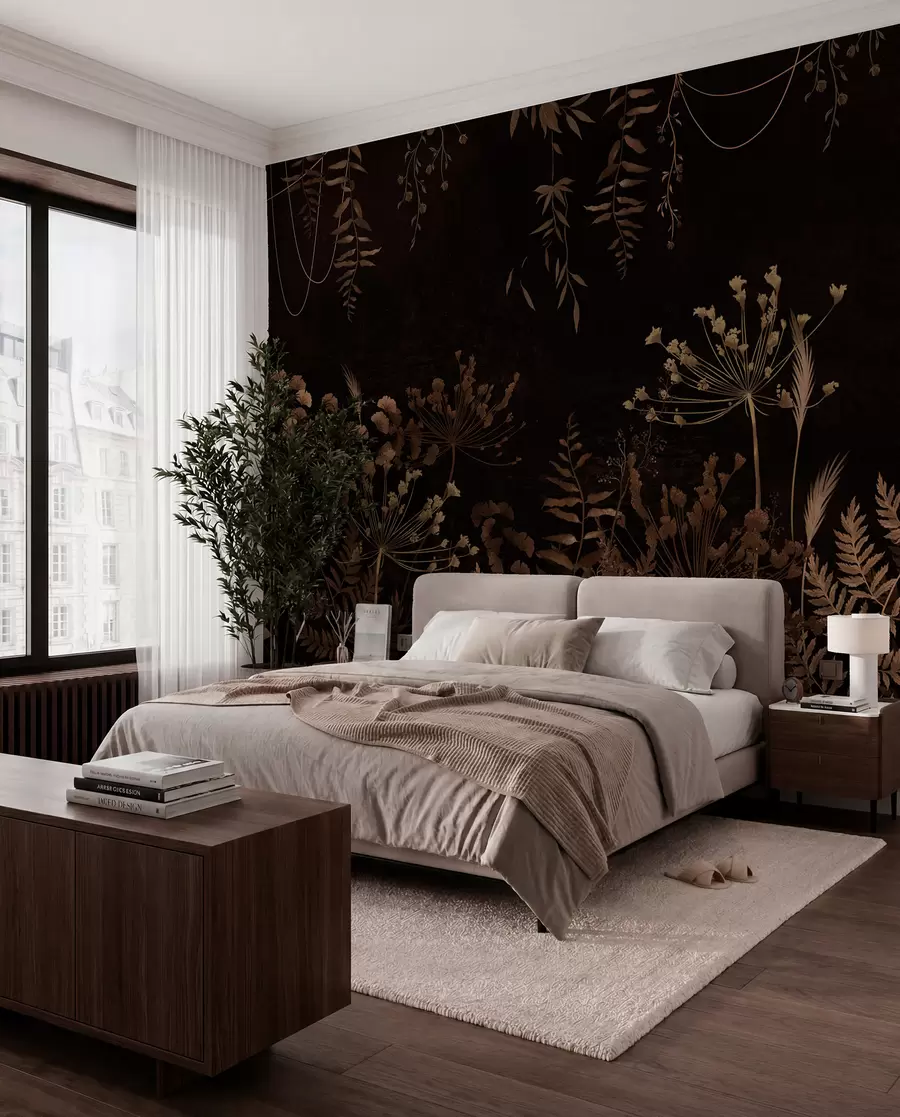 wall murals Тамни ботанички узорак са цвећем и травама w05092v3