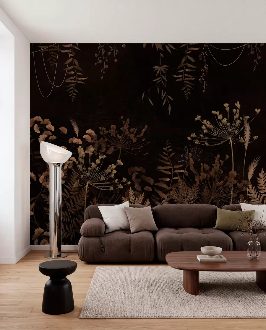 wall murals Тамни ботанички узорак са цвећем и травама w05092v3