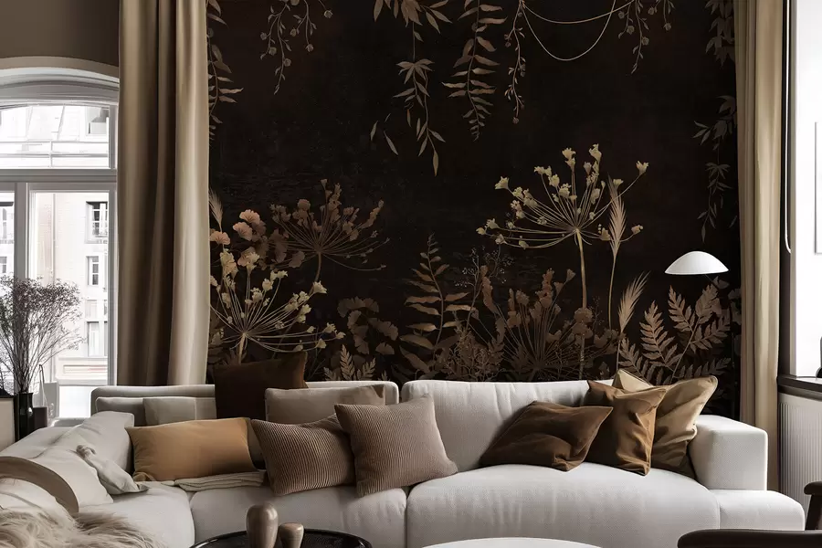 wall murals Тамни ботанички узорак са цвећем и травама w05092v3