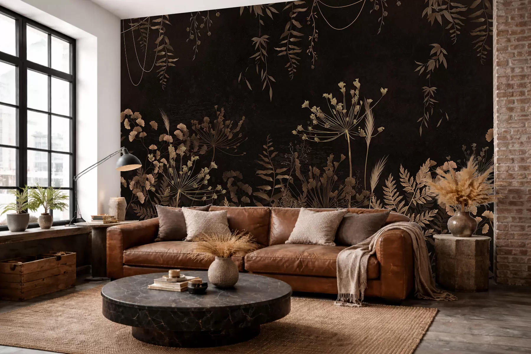 wall murals Тамни ботанички узорак са цвећем и травама w05092v3