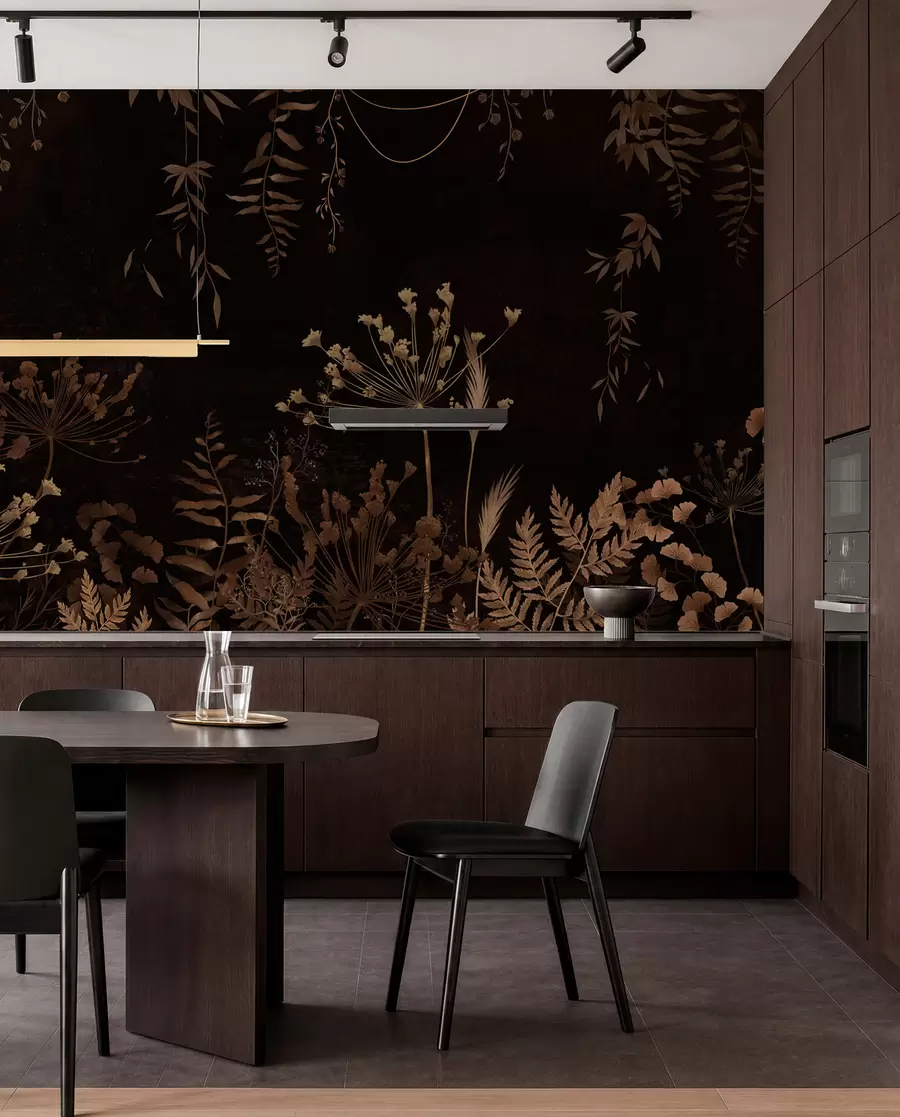 wall murals Тамни ботанички узорак са цвећем и травама w05092v3