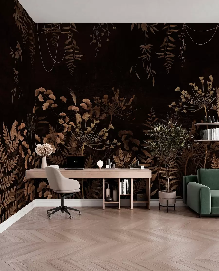 wall murals Тамни ботанички узорак са цвећем и травама w05092v3