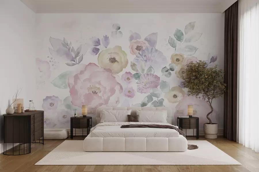 wall murals Мекана акварелна композиција са цвећем и лишћем w05093