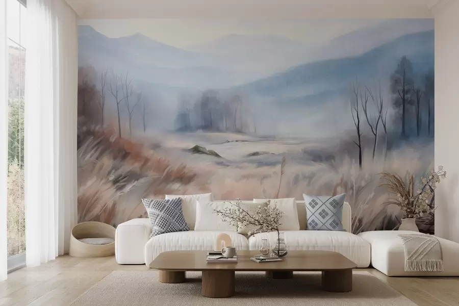 wall murals Текстурирани пејзаж са сувом травом у првом плану и дрвећем у позадини, са планинама у даљини w09542