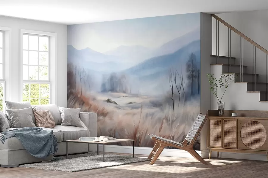 wall murals Текстурирани пејзаж са сувом травом у првом плану и дрвећем у позадини, са планинама у даљини w09542
