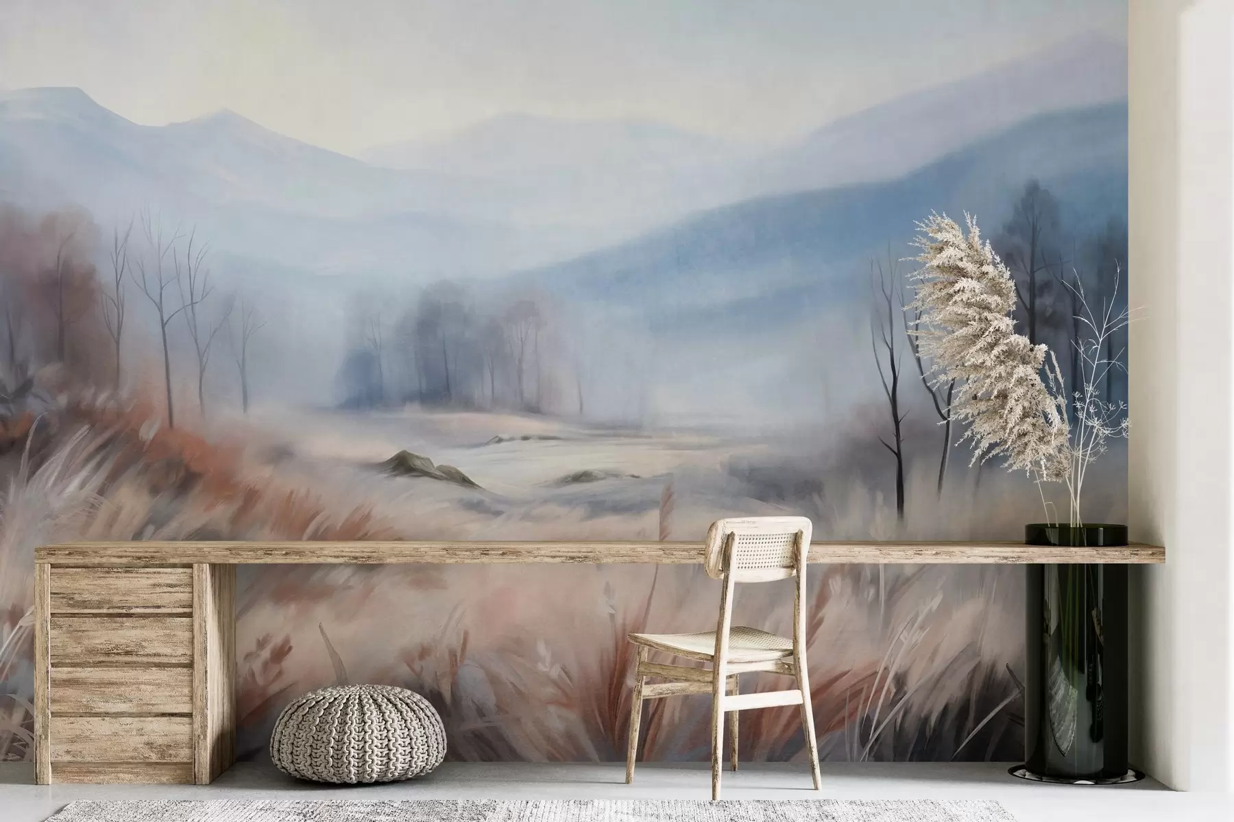wall murals Текстурирани пејзаж са сувом травом у првом плану и дрвећем у позадини, са планинама у даљини w09542