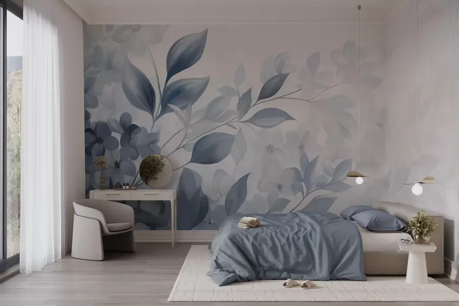 wall murals Текстурирана плава и бела грана са цвећем и лишћем које бледи у светлој позадини у стилу акварела w09543