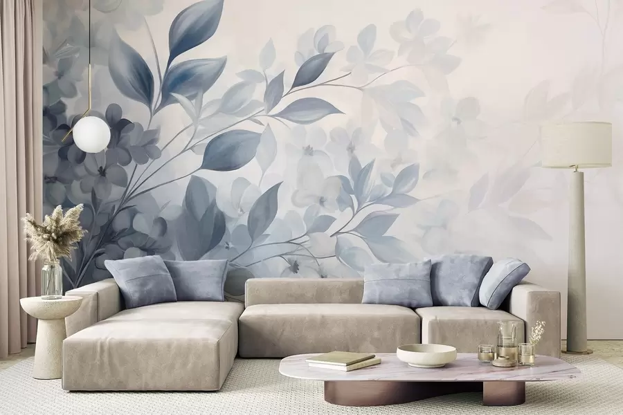 wall murals Текстурирана плава и бела грана са цвећем и лишћем које бледи у светлој позадини у стилу акварела w09543