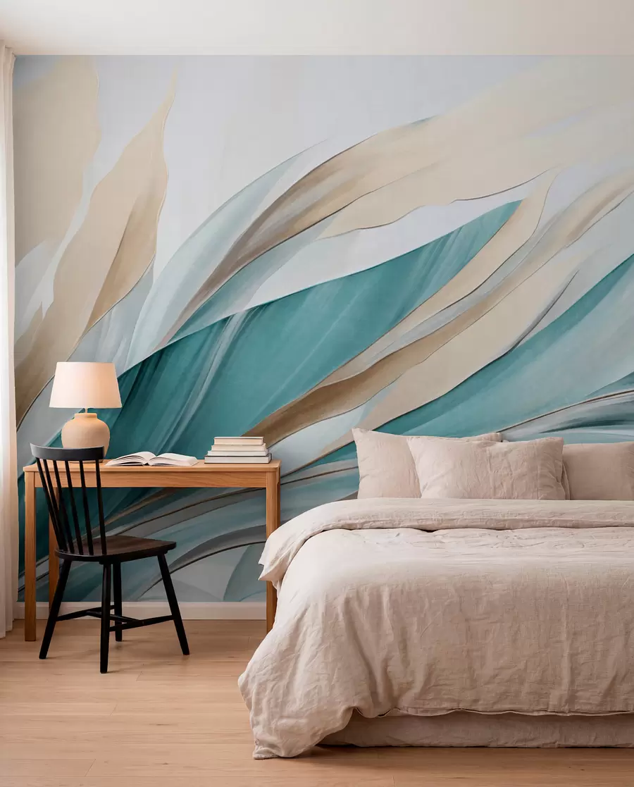 wall murals Апстрактни текући таласи тиркизне и жуте боје, са танким облицима и линијама, на белој позадини, текстурирана уметност w09585