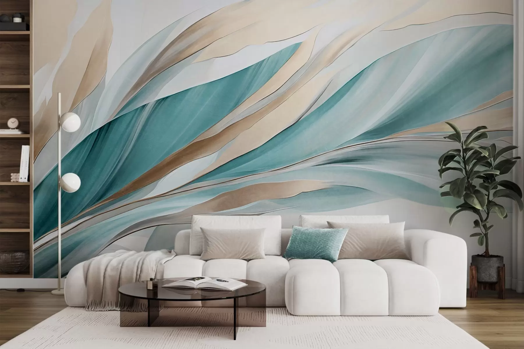 wall murals Апстрактни текући таласи тиркизне и жуте боје, са танким облицима и линијама, на белој позадини, текстурирана уметност w09585