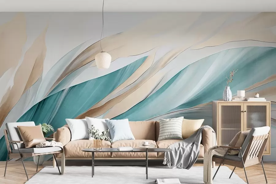 wall murals Апстрактни текући таласи тиркизне и жуте боје, са танким облицима и линијама, на белој позадини, текстурирана уметност w09585