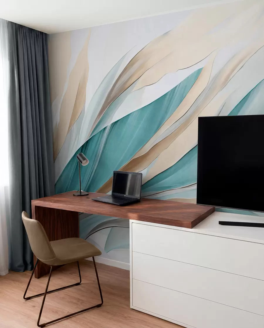 wall murals Апстрактни текући таласи тиркизне и жуте боје, са танким облицима и линијама, на белој позадини, текстурирана уметност w09585