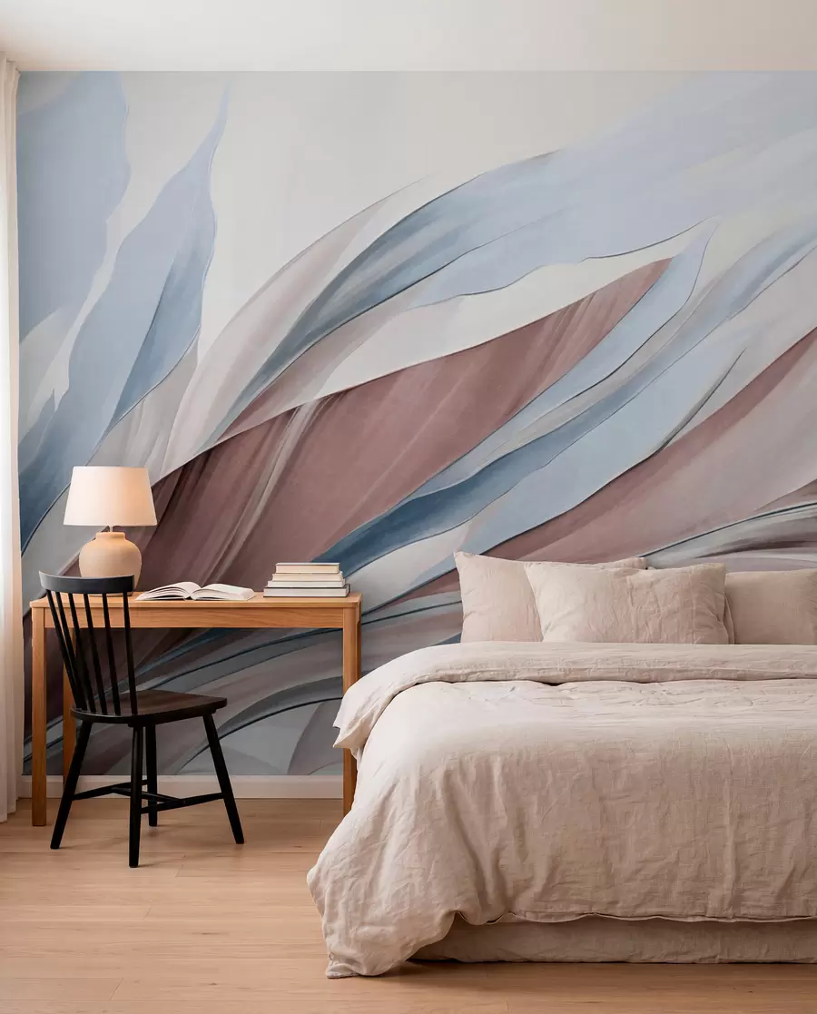 wall murals Апстрактни текући таласи плаве и браон боје, са танким облицима и линијама, на белој позадини, текстурирана уметност w09585v1