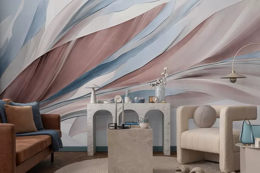 wall murals Апстрактни текући таласи плаве и браон боје, са танким облицима и линијама, на белој позадини, текстурирана уметност w09585v1