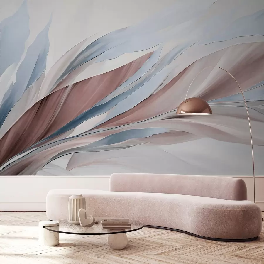wall murals Апстрактни текући таласи плаве и браон боје, са танким облицима и линијама, на белој позадини, текстурирана уметност w09585v1