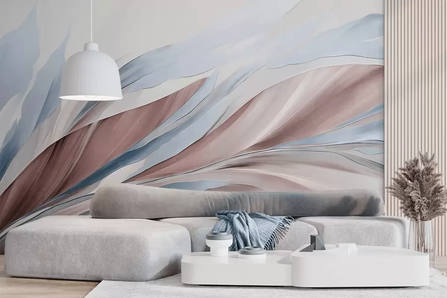 wall murals Апстрактни текући таласи плаве и браон боје, са танким облицима и линијама, на белој позадини, текстурирана уметност w09585v1