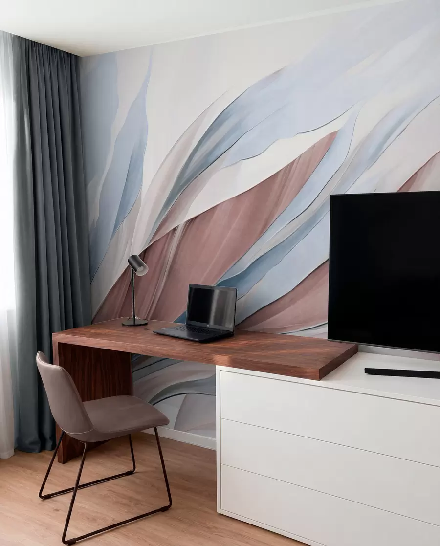 wall murals Апстрактни текући таласи плаве и браон боје, са танким облицима и линијама, на белој позадини, текстурирана уметност w09585v1