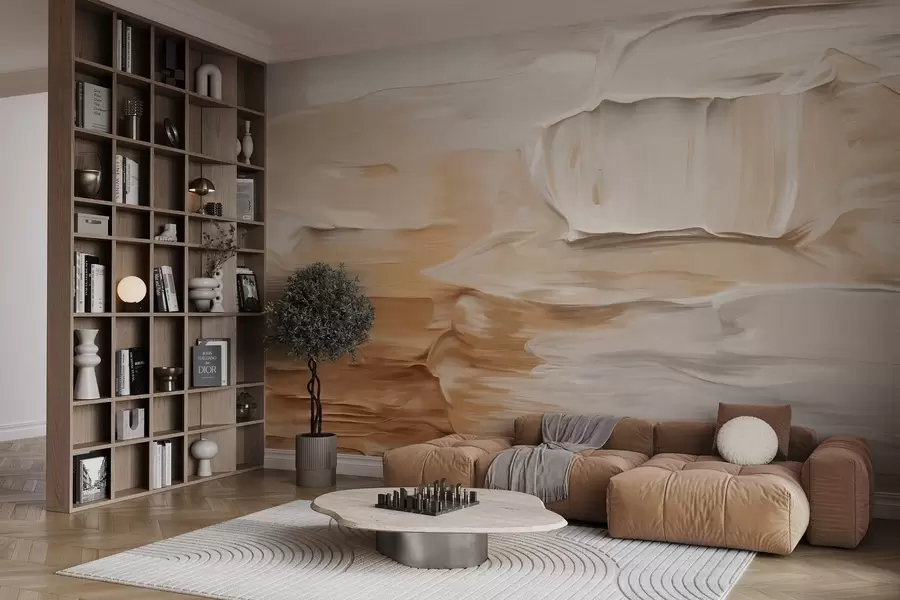 wall murals Апстрактна текстурирана имитација потеза четкицом у топлим земљаним тоновима беж, крем и браон, модерна уметност w09588