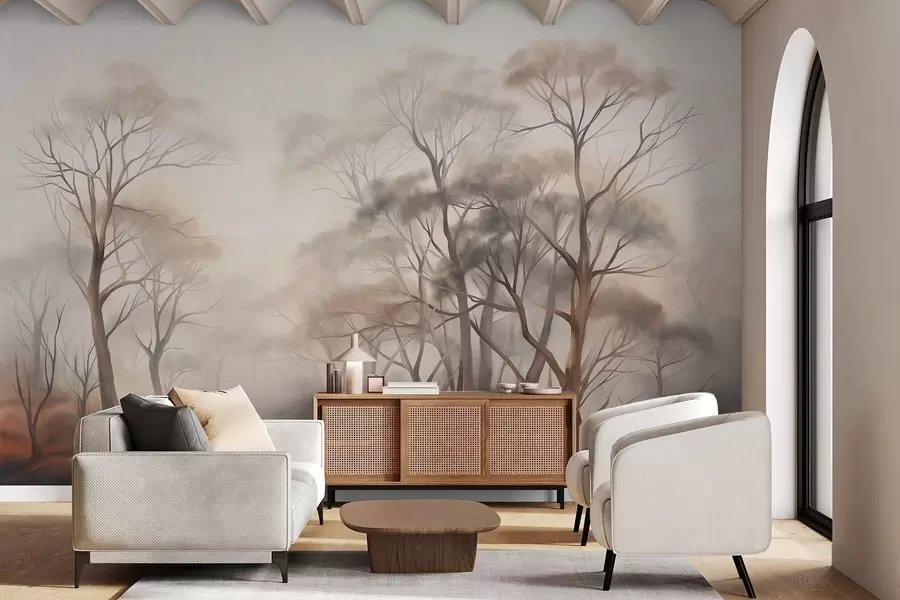 wall murals Текстурирано дрвеће у магловитој шуми, магловити пејзаж са пригушеним бојама и нежним осветљењем w09609