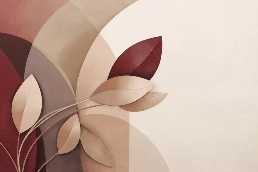 wall murals Апстрактна текстурирана грана са листовима у нијансама браон, беж и црвене, на позадини апстрактних облика w09618