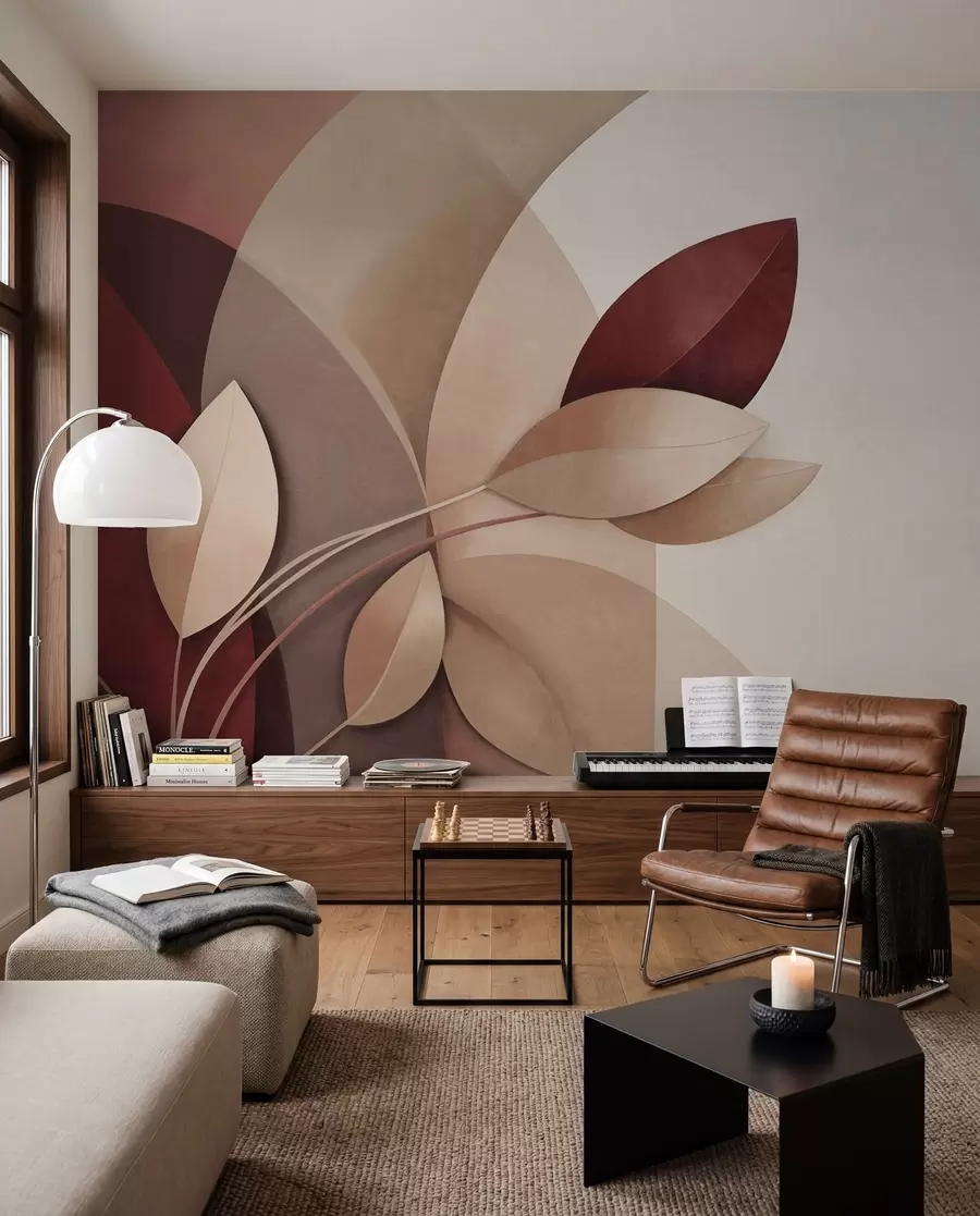 wall murals Апстрактна текстурирана грана са листовима у нијансама браон, беж и црвене, на позадини апстрактних облика w09618