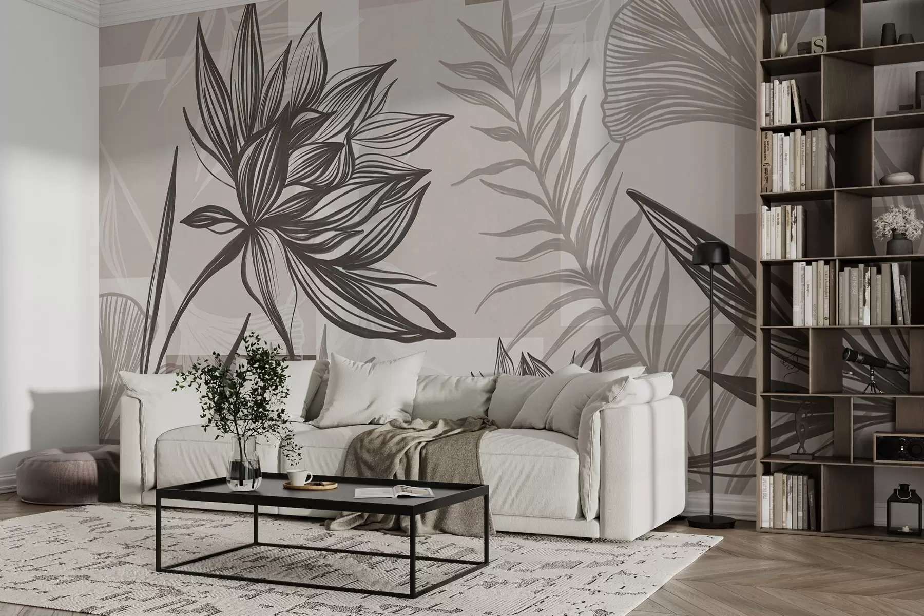 wall murals Текстурирано стилизовано цвеће и лишће у нијансама браон и беж боје, са геометријском позадином, линијском уметношћу w09629