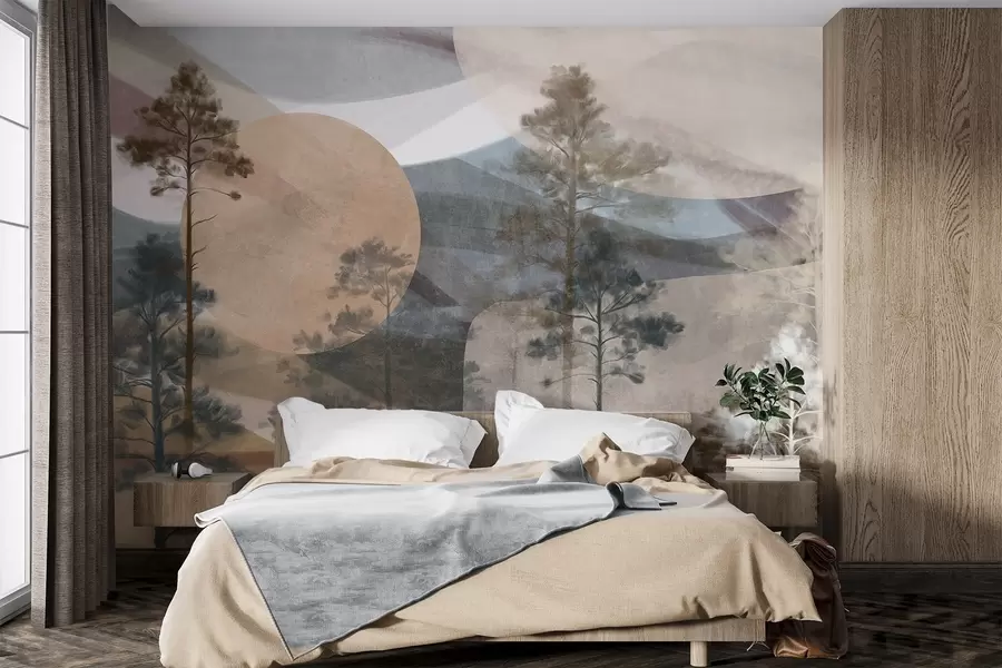 wall murals Високи борови у пригушеном текстурираном пејзажу са апстрактним кружним облицима и слојевитим планинама у земљаним тоновима w09636