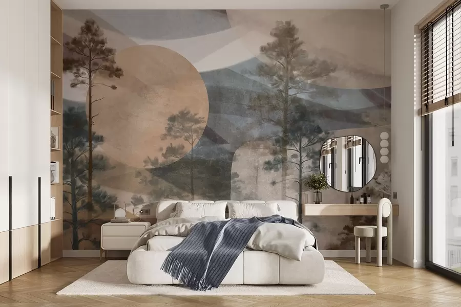 wall murals Високи борови у пригушеном текстурираном пејзажу са апстрактним кружним облицима и слојевитим планинама у земљаним тоновима w09636