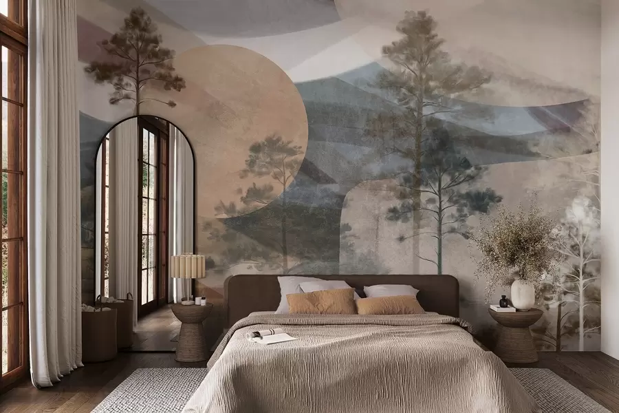 wall murals Високи борови у пригушеном текстурираном пејзажу са апстрактним кружним облицима и слојевитим планинама у земљаним тоновима w09636