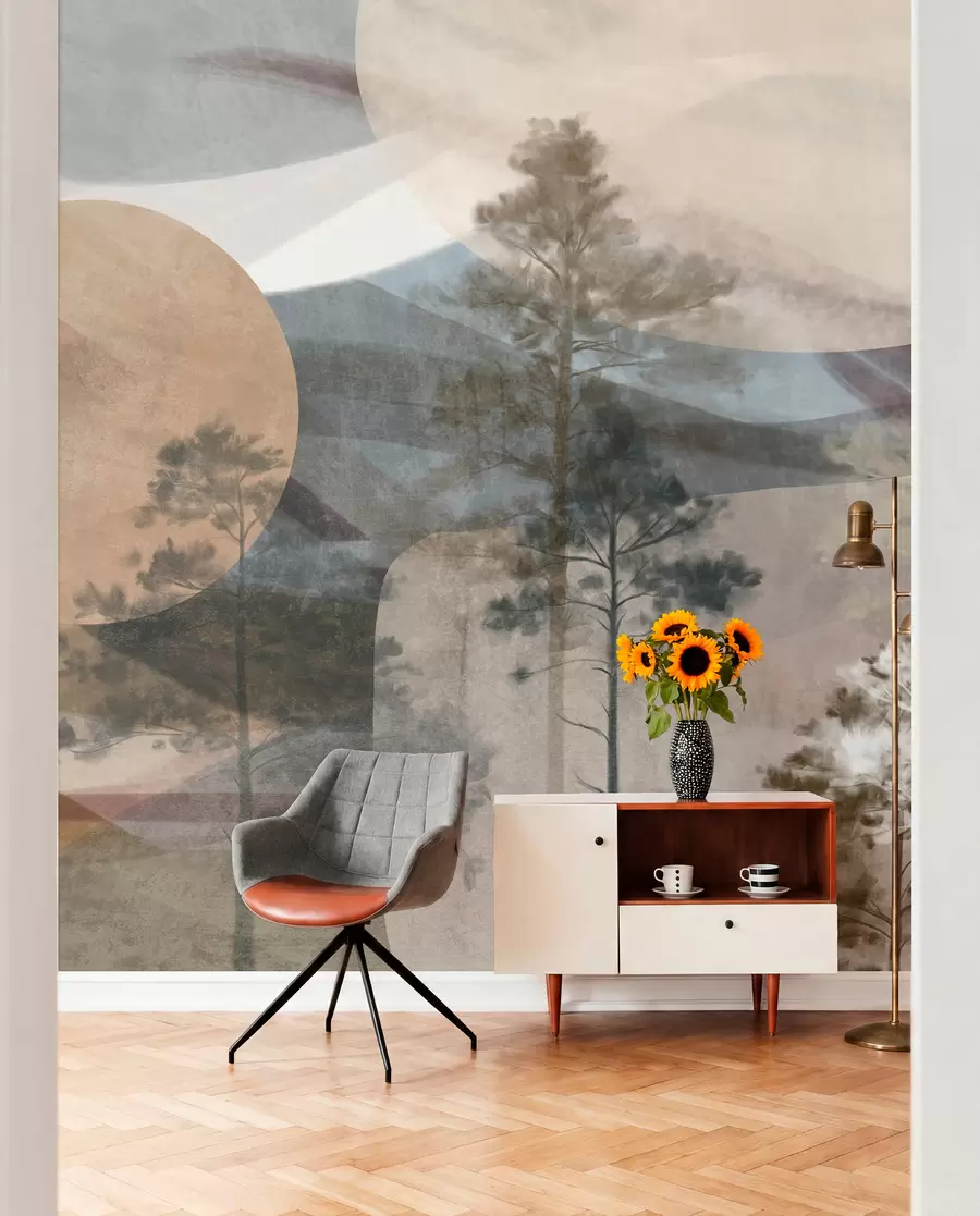 wall murals Високи борови у пригушеном текстурираном пејзажу са апстрактним кружним облицима и слојевитим планинама у земљаним тоновима w09636