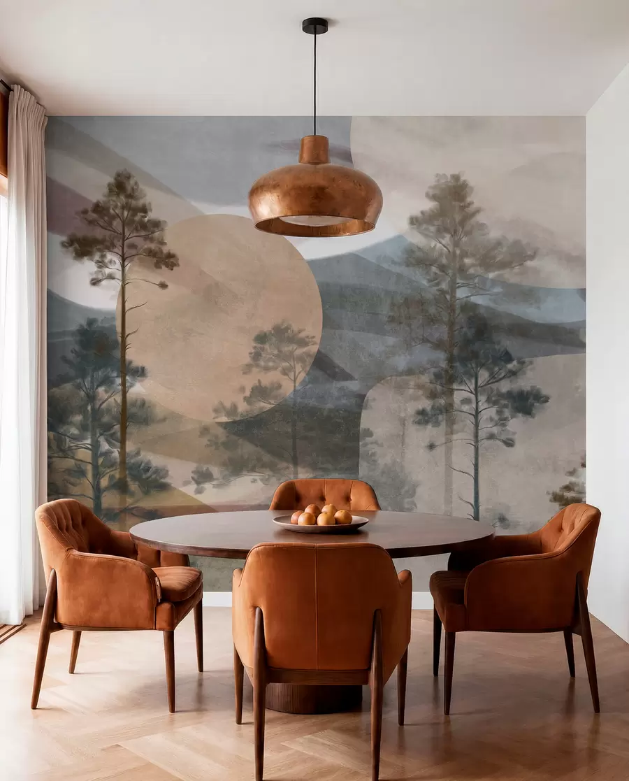 wall murals Високи борови у пригушеном текстурираном пејзажу са апстрактним кружним облицима и слојевитим планинама у земљаним тоновима w09636