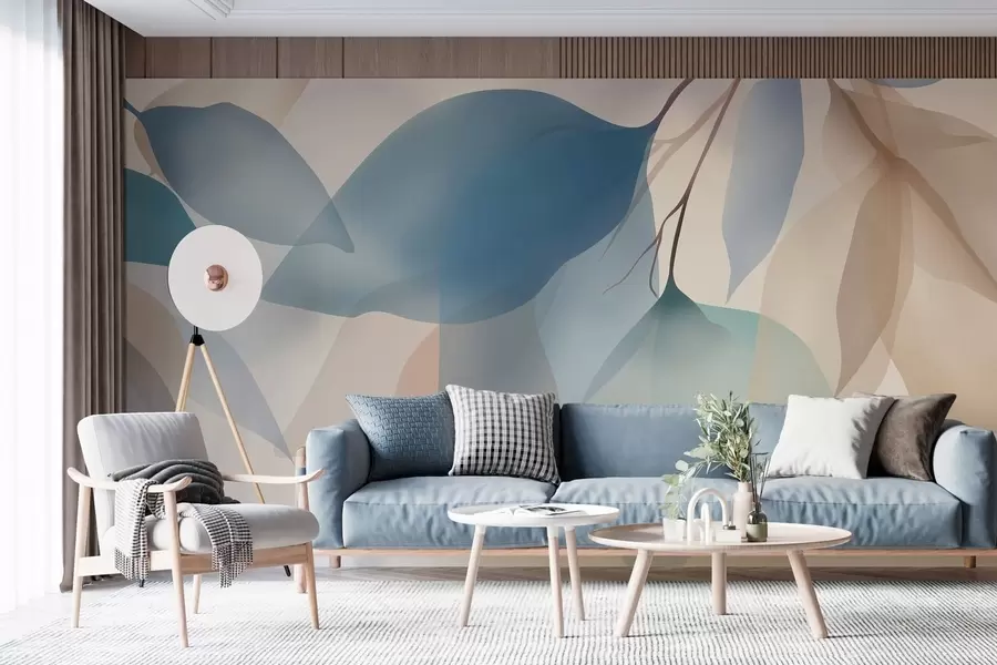 wall murals елегантни полупровидни листови у нијансама плаве и беж w05060