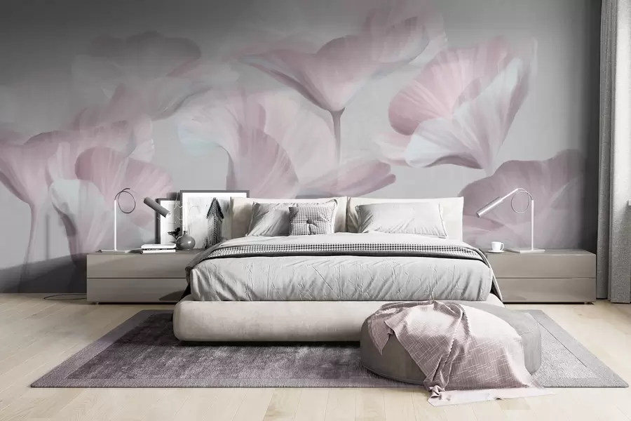 wall murals Бледо ружичасти текстурирани провидни цветови лотоса са нежним латицама на пригушеној сивој позадини w09640v1