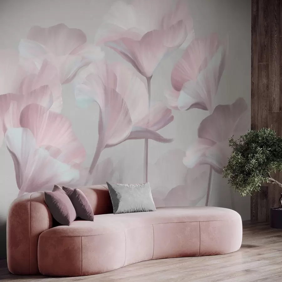 wall murals Бледо ружичасти текстурирани провидни цветови лотоса са нежним латицама на пригушеној сивој позадини w09640v1
