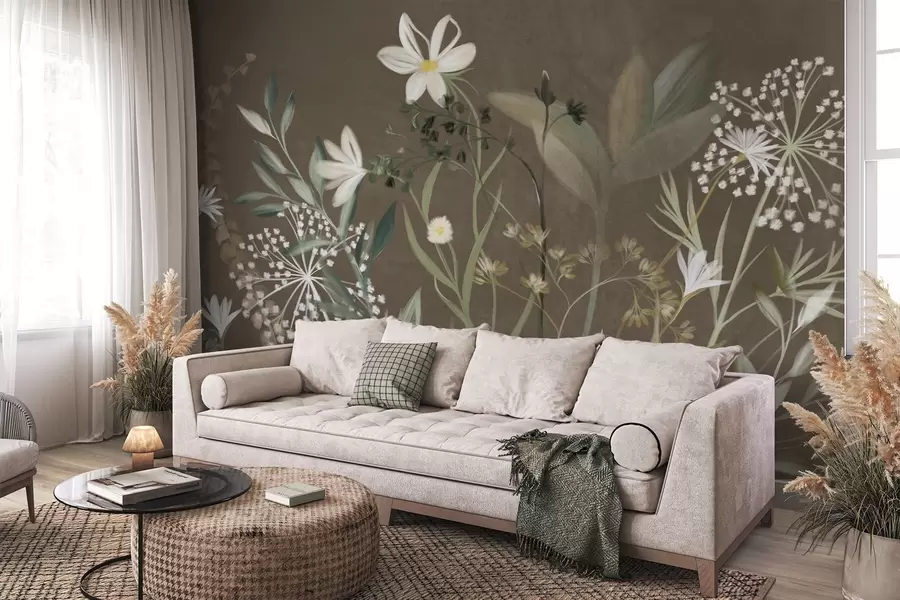 wall murals Нежно текстурирано дивље цвеће и лишће у пригушеним зеленим и крем тоновима на смеђој позадини w09641v1