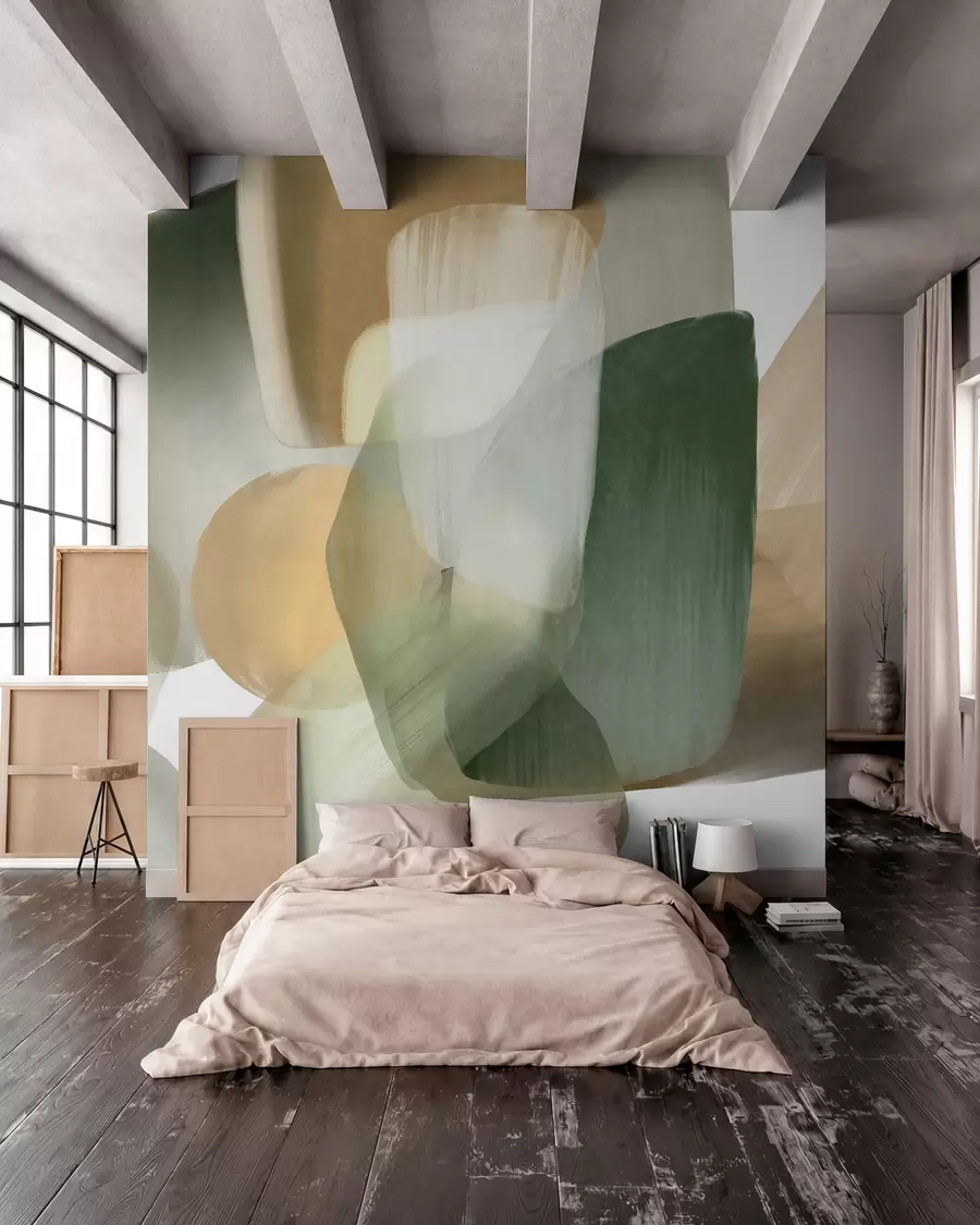 wall murals Апстрактни текстурирани облици у пригушеним зеленим и беж бојама, са меким ивицама и преклапајућим слојевима w09642