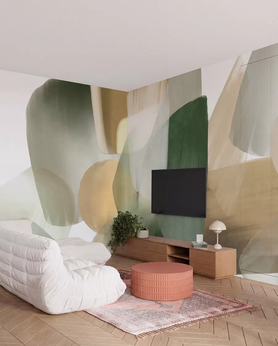 wall murals Апстрактни текстурирани облици у пригушеним зеленим и беж бојама, са меким ивицама и преклапајућим слојевима w09642
