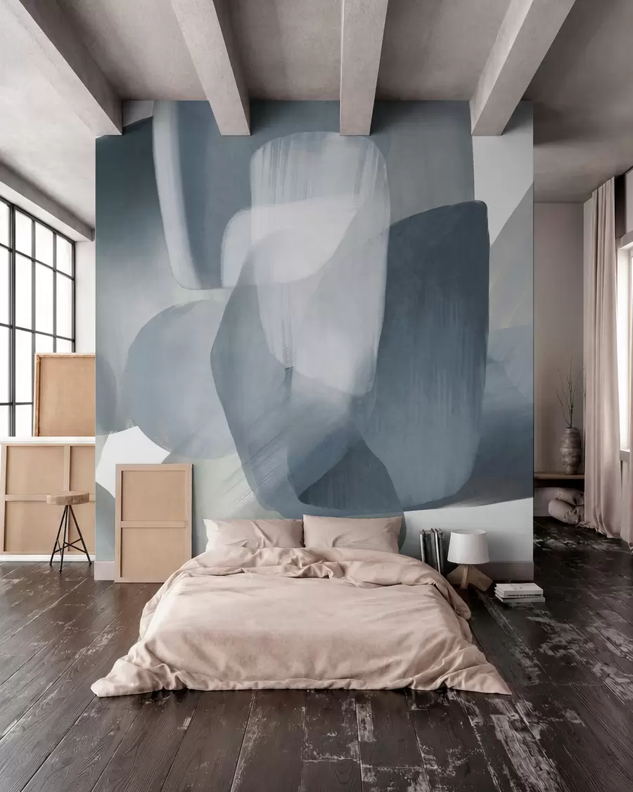 wall murals Апстрактни текстурирани облици у пригушеним плавим и сивим бојама, са меким ивицама и преклапајућим слојевима w09642v1