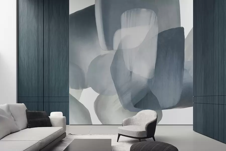 wall murals Апстрактни текстурирани облици у пригушеним плавим и сивим бојама, са меким ивицама и преклапајућим слојевима w09642v1