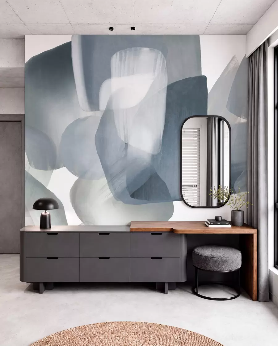 wall murals Апстрактни текстурирани облици у пригушеним плавим и сивим бојама, са меким ивицама и преклапајућим слојевима w09642v1