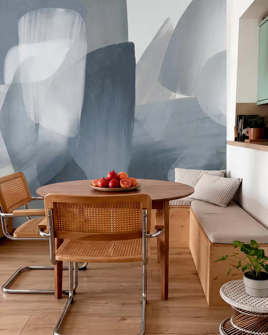 wall murals Апстрактни текстурирани облици у пригушеним плавим и сивим бојама, са меким ивицама и преклапајућим слојевима w09642v1