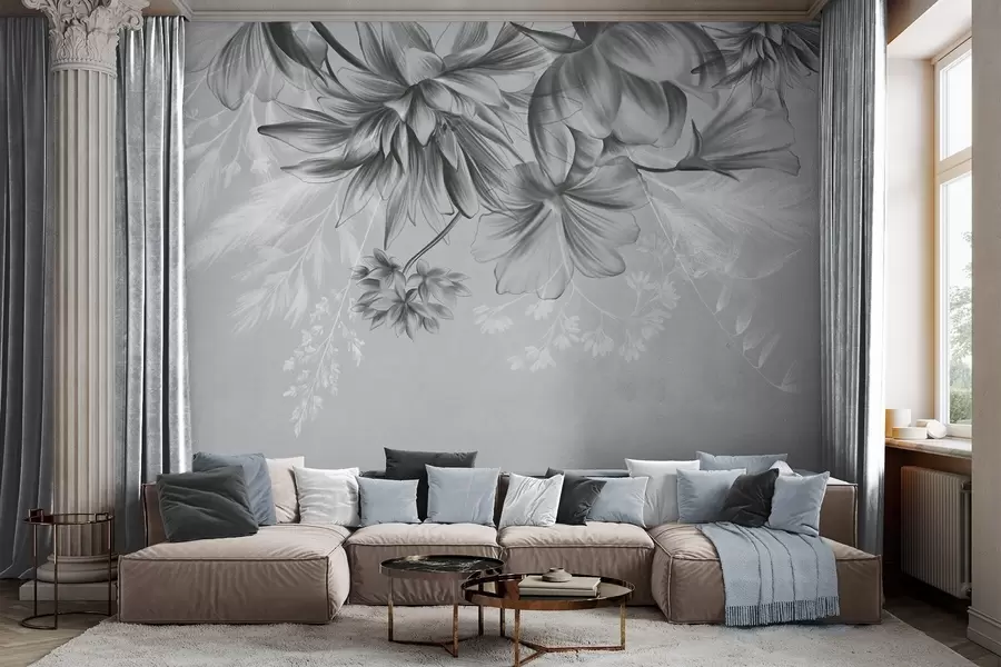 wall murals Текстурирано цвеће и папрати у нијансама тамно сиве и беле на пригушеној сивој позадини, стил цртања w09644v1