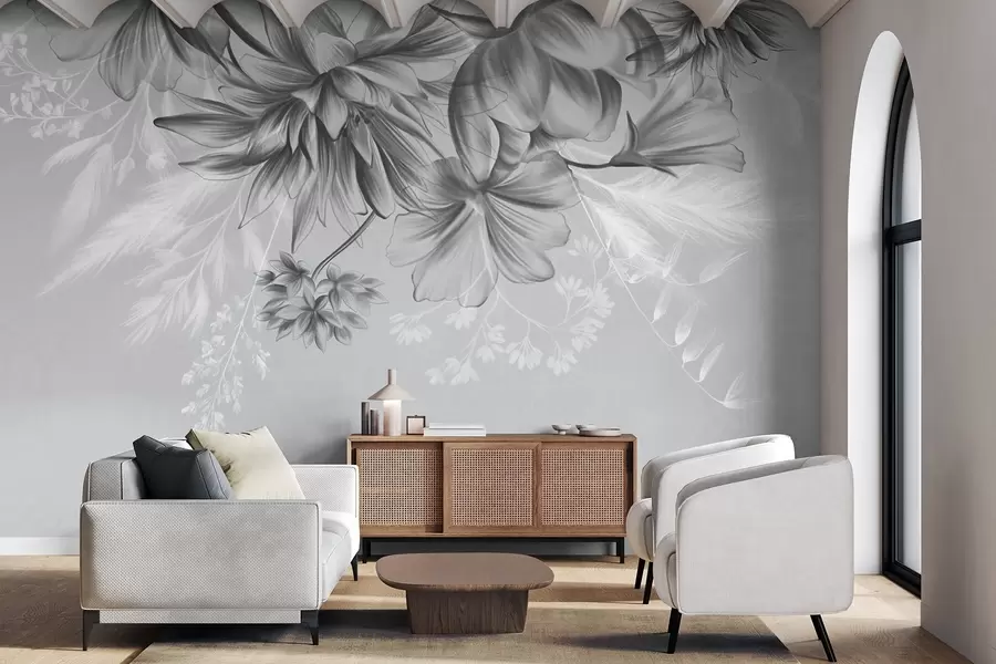wall murals Текстурирано цвеће и папрати у нијансама тамно сиве и беле на пригушеној сивој позадини, стил цртања w09644v1