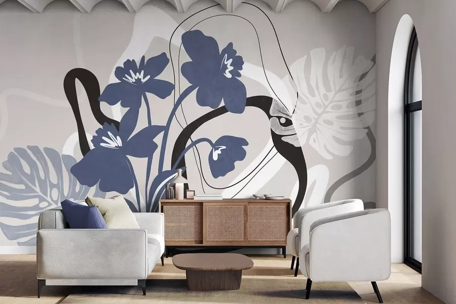 wall murals Апстрактно текстурирано плаво цвеће са белим и црним облицима на светло беж позадини, минималистичка уметност w09645